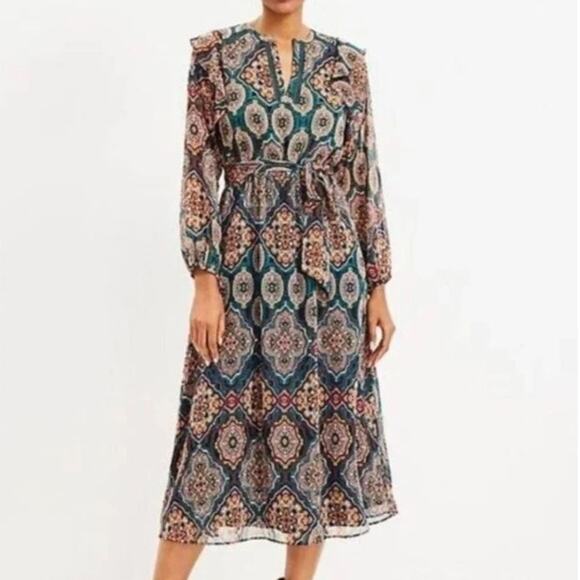 Loft Tapestry Print Ruffle V-Neck Midi Dress Size M Tie Waist Boho Indie Artsy - Picture 1 of 13